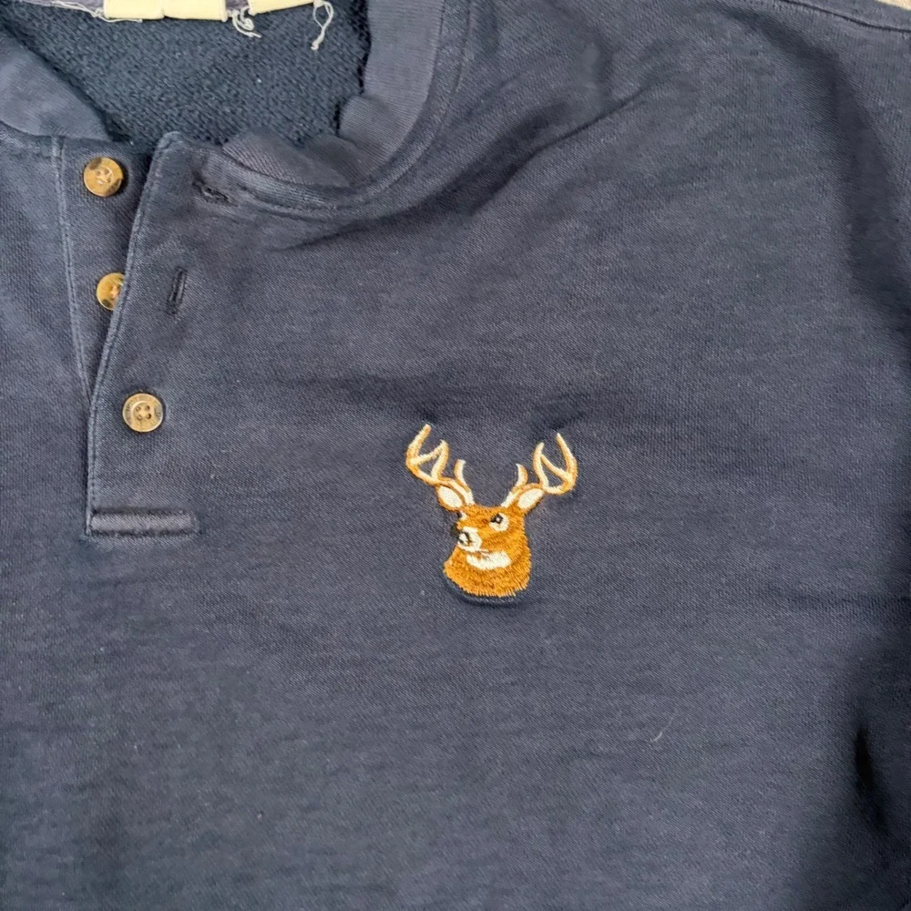 Deer Henley Sweatshirt Mens XL Blue Embroidered Head‎ Hunting Nature Outdoors
